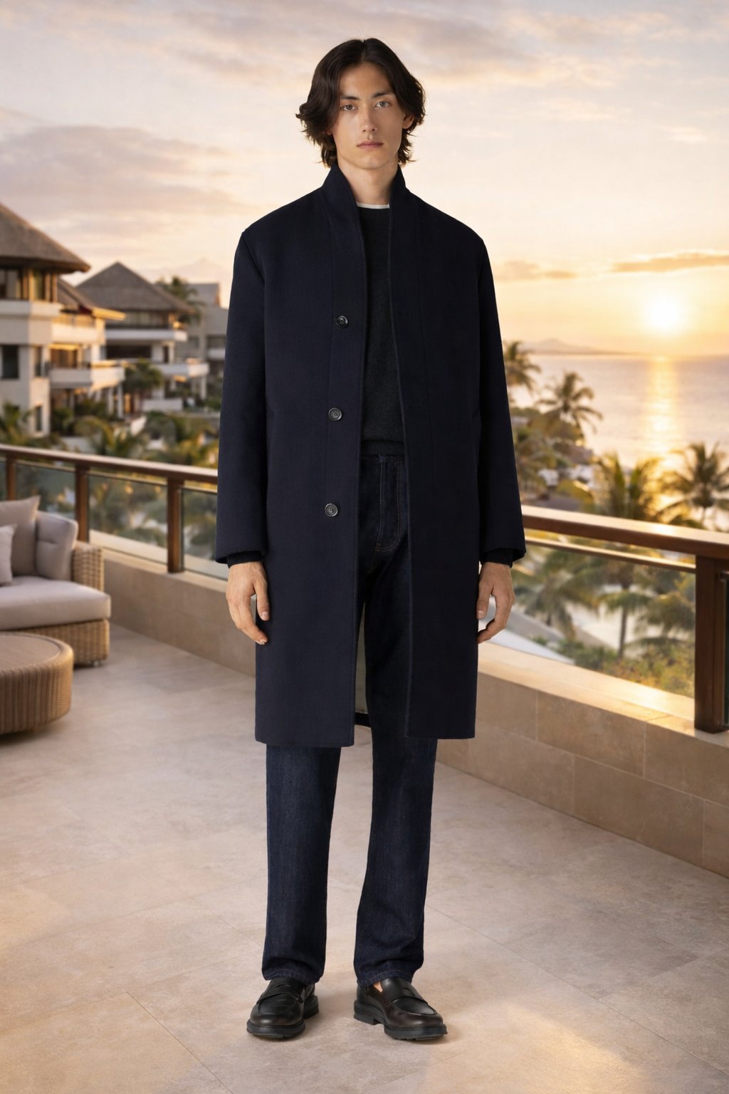 Navy stand-collar woven cashmere long coat