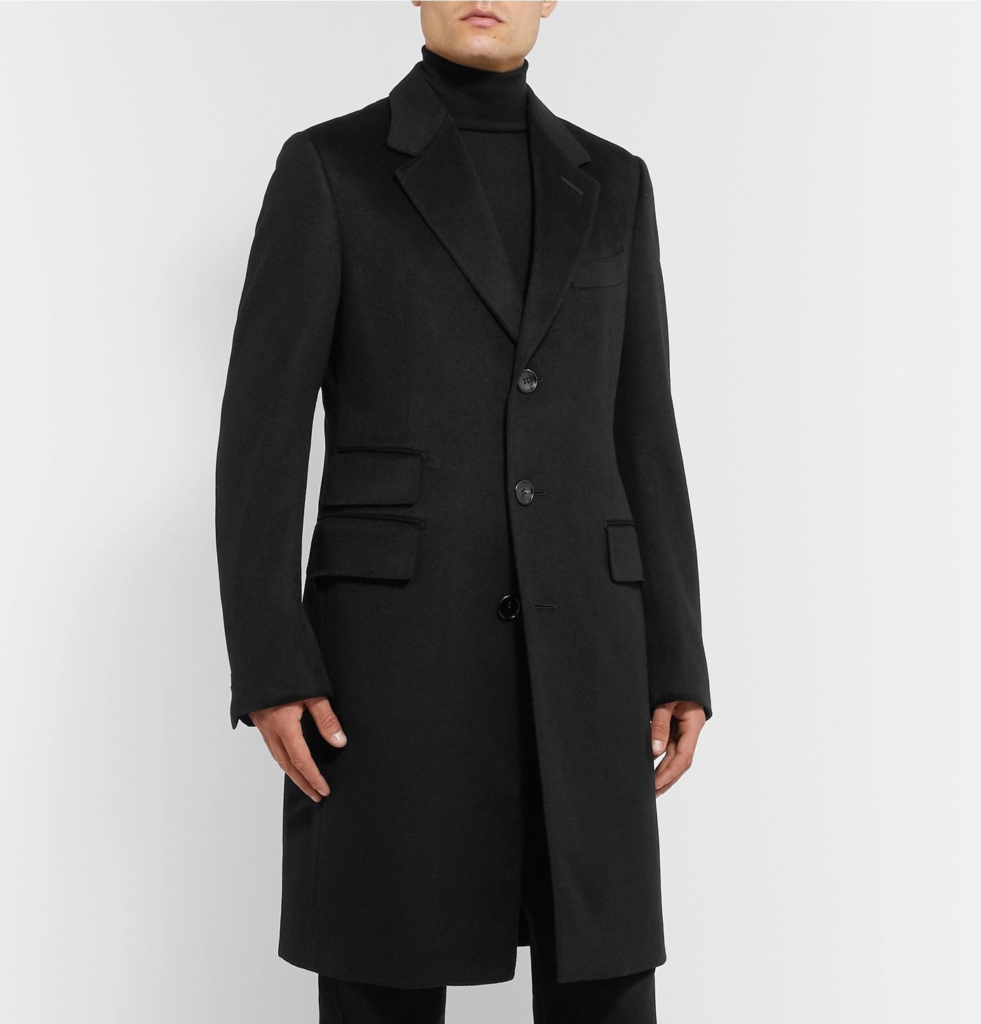 Black woven cashmere overcoat, outerwear category