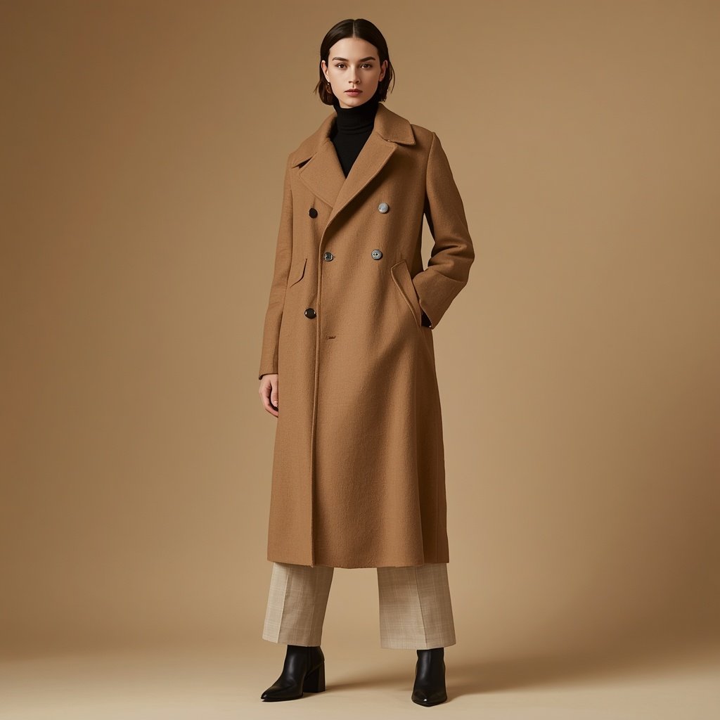 Full-length camel double-breasted woven cashmere coat