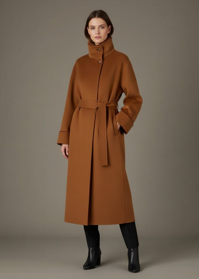 Camel wrap coat with stand collar and belt