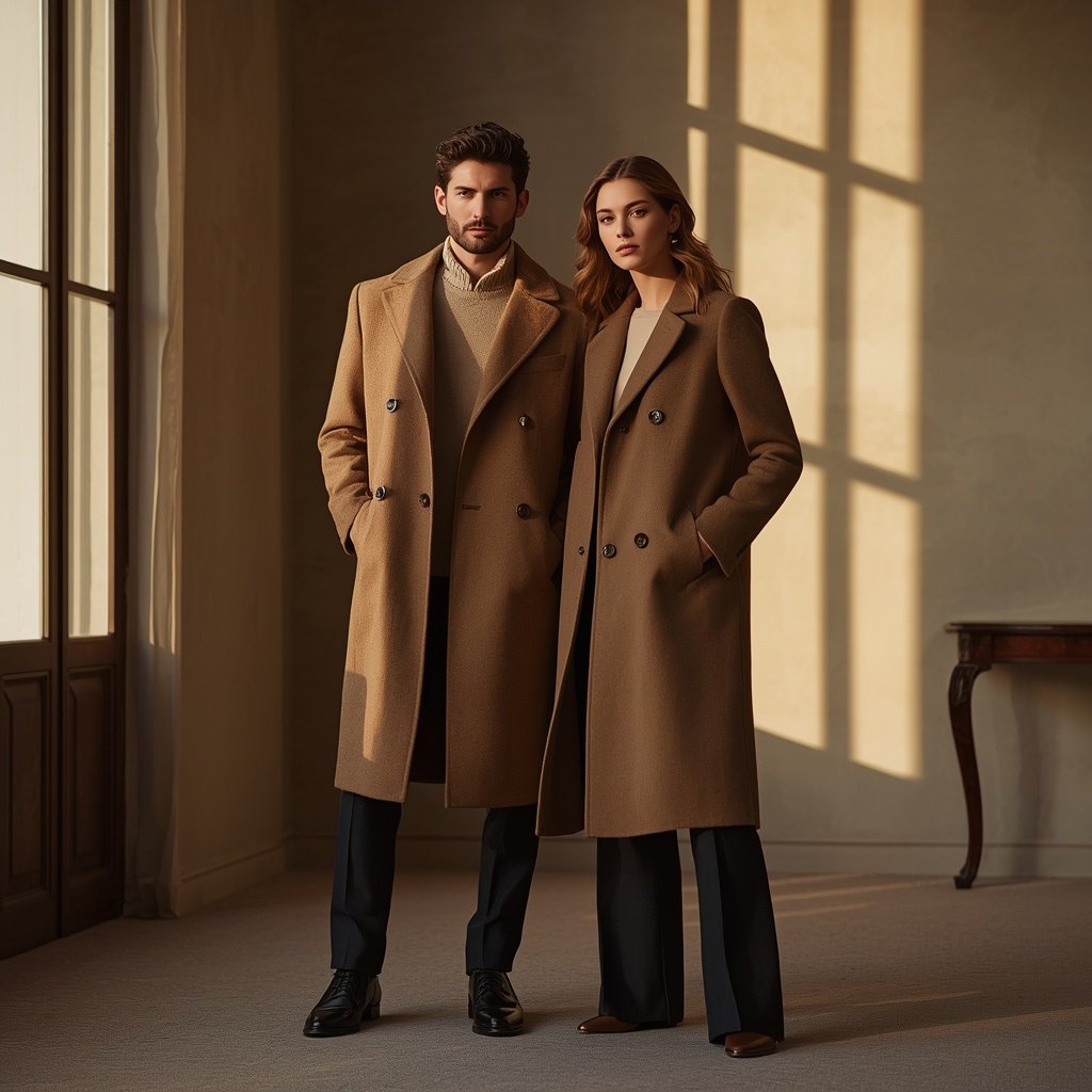 Man and woman wearing double-breasted cashmere overcoats in camel and grey