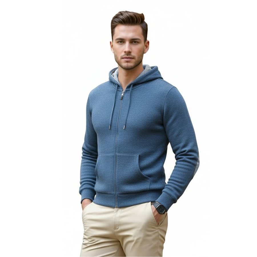 Men's blue zip-through hooded cashmere knit