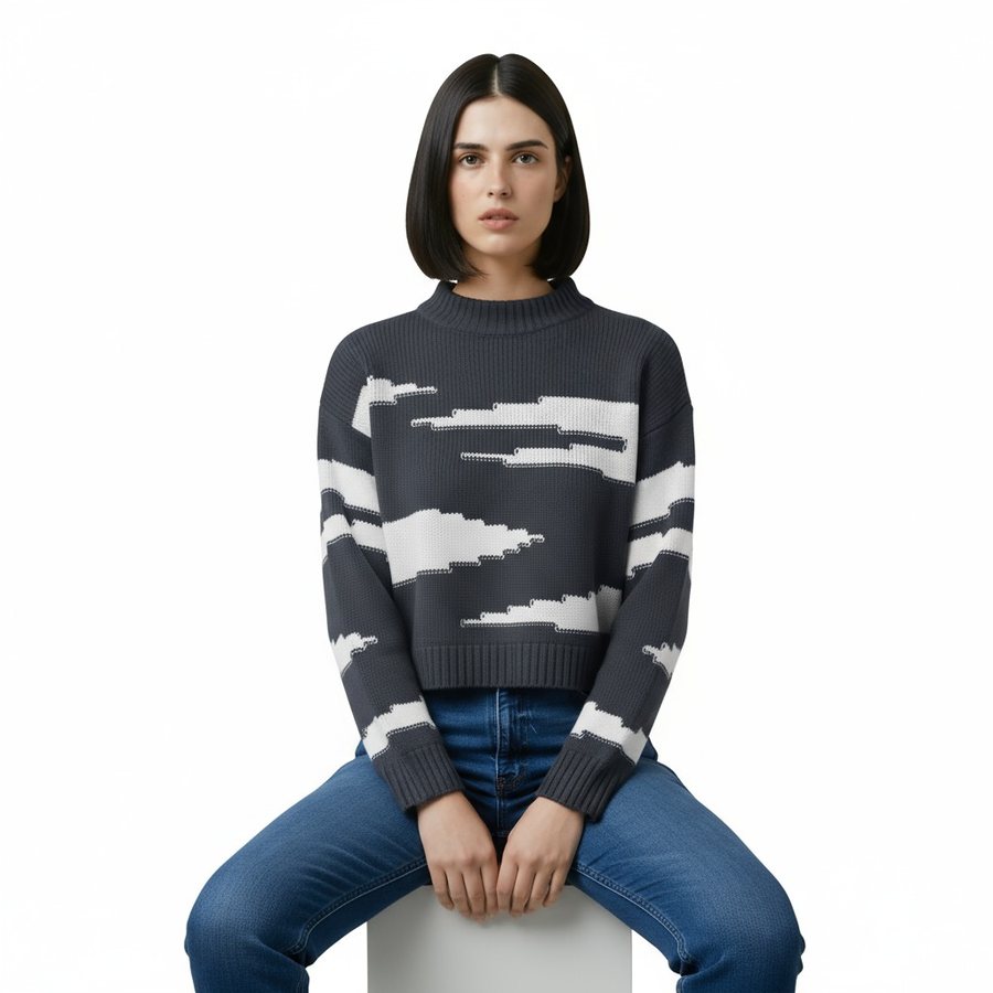 Charcoal and ivory intarsia knit crewneck sweater