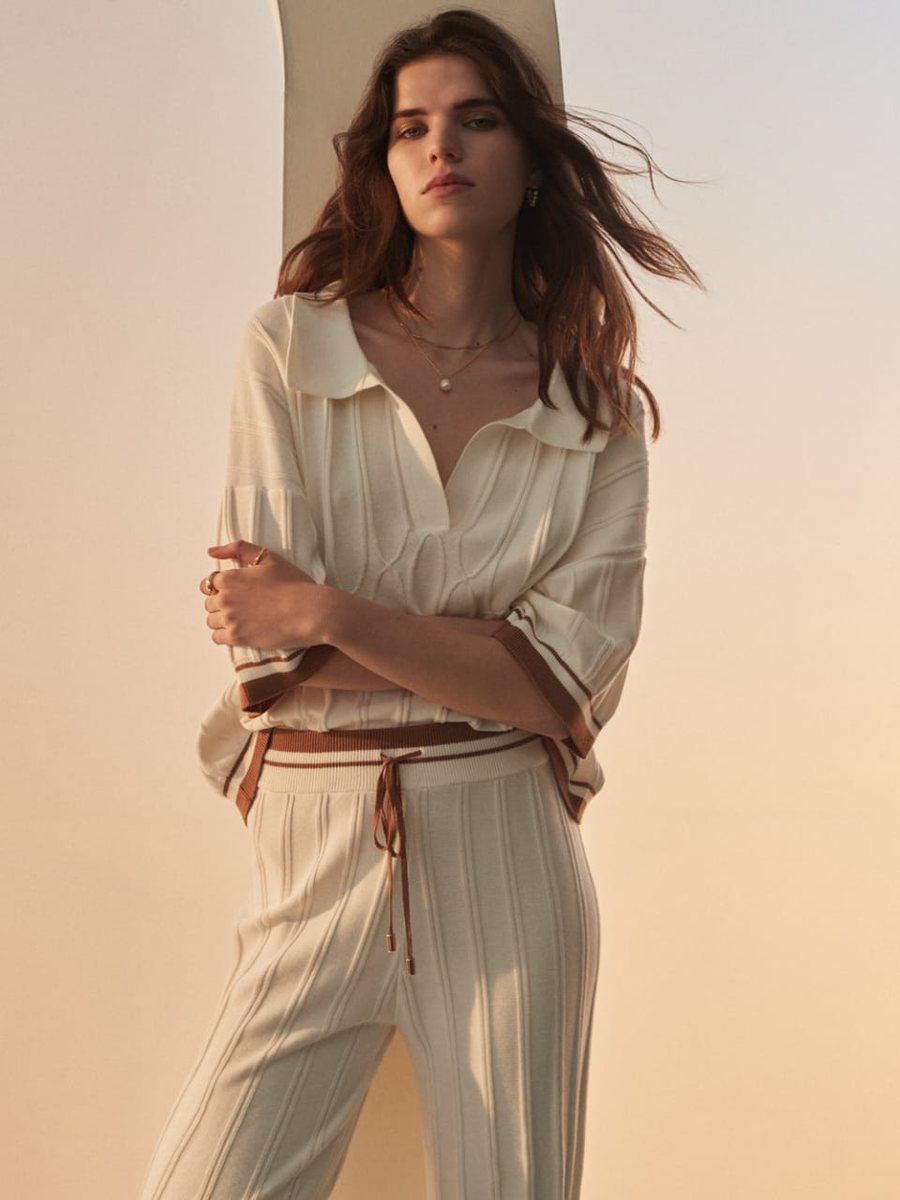 Ribbed knit polo-collar top and trouser co-ord set