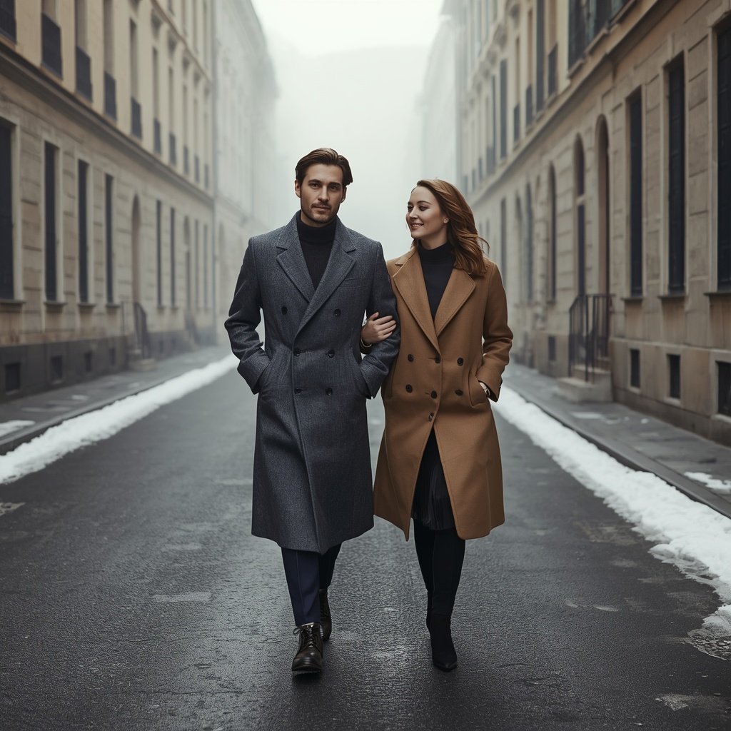 His and hers double-breasted woven cashmere overcoats