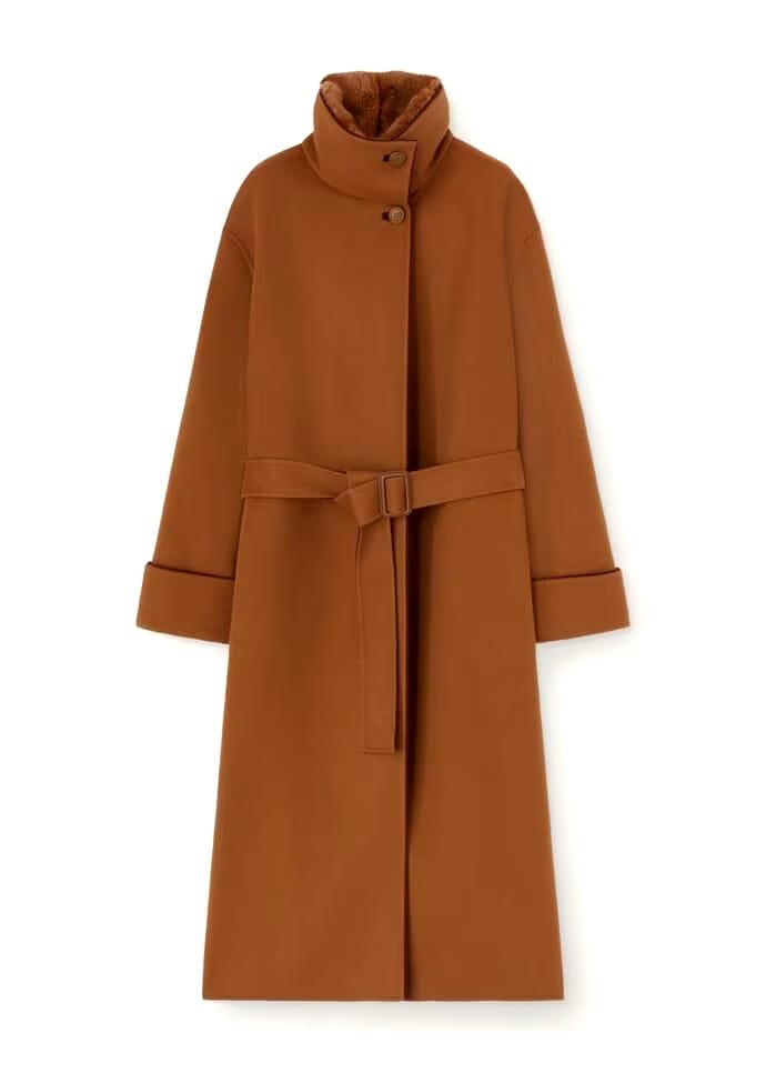 Terracotta belted woven cashmere coat with stand collar